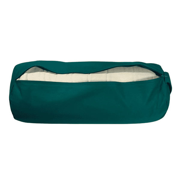 An emerald green bolster unzipped showing the inner casing containing buckwheat