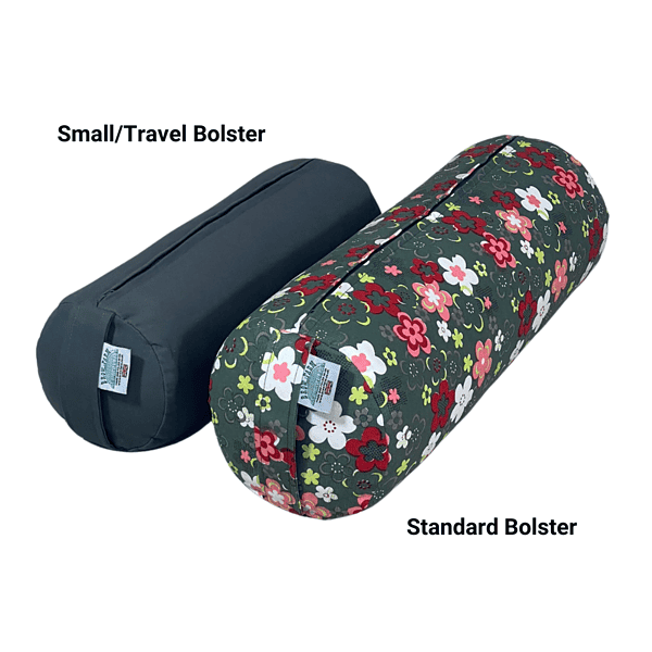 Bolster size comparison image showing a standard-size and a travel-size bolster