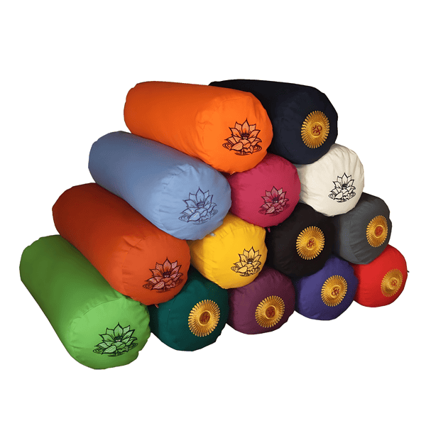 Buckwheat yoga bolster with embroidered cover pyramid of colours